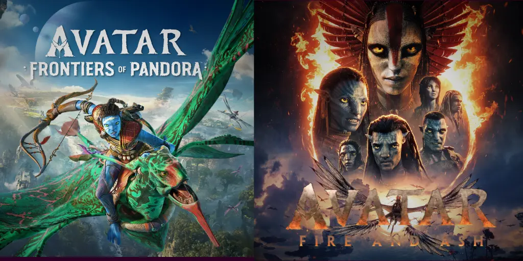 avatar frontiers of pandora and avatar ash and fire posters side by side